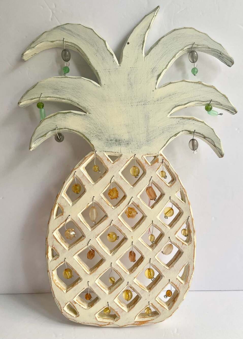 Vintage Wooden White Distressed Pineapple Wall Art Decor with Beaded Accents